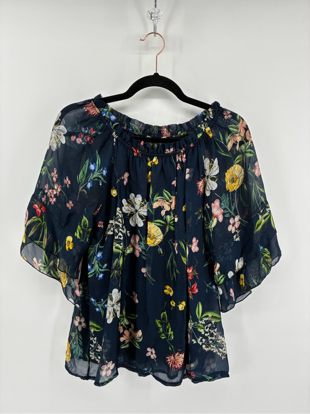 Bellambia Silk Blend Made in Italy Women's Navy Floral Off-Shoulder Blouse